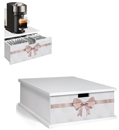 mille idee Organizer in Legno Porta Cialde Porta Capsule Cassetto Contenitore Bianco sotto Macchinetta Caffè cm 27x33x11 fiocco tortora