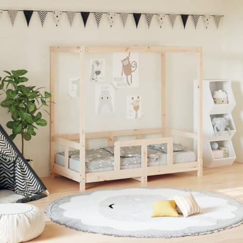 Hommdiy Kinderbett, Kinder Bettgestell mit robusten Latten, Himmelbett für Kleinkinder zwischen 18 Monaten und 4 Jahren, Einzelbett Kinder Holzbett Stil G,70 x 140 cm，Natur