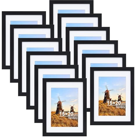 Spotjoy Bilderrahmen 15x20 cm 12er Set Fotorahmen Posterrahmen mit Passepartout Holzrahmen Dokumentenrahmen stabiles MDF-Holz Rahmen mit Acrylglas, Schwarz