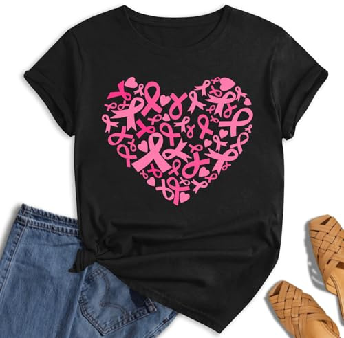 hohololo Tee-Shirt Octobre Rose pour Femme Cancer du Sein Cœur Rose Ruban Tshirt