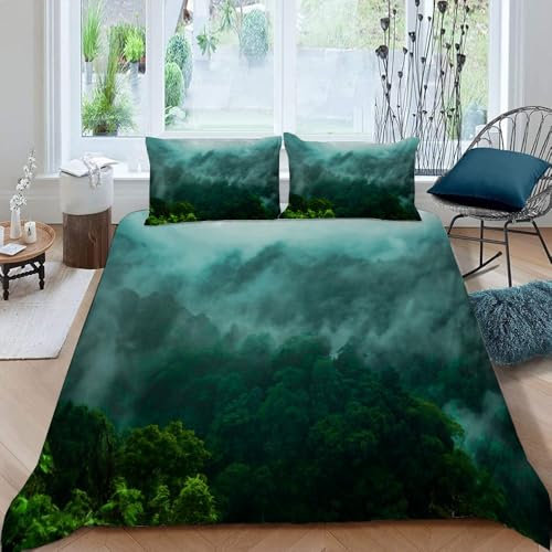 VULORA Bettwäsche 135x200 Wald Nebel Bettbezug mit Reißverschluss 100% Mikrofaser Bettwäsche-Sets für Junge Mädchen 3D Druck Natur Kinderbettwäsche mit 2 Kissenbezüge 80x80cm Sommer A159