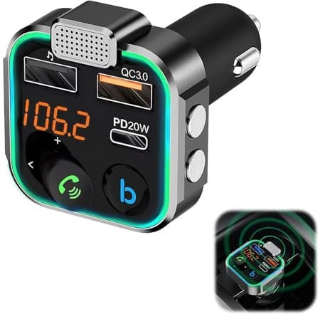 Car Bluetooth FM Transmitter, Wireless 5.0 Car Radio Adapter with Fast Charger PD 20W + QC3.0 18W, Fm Transmitter with Hands-Free Calling, Hi-Fi Deep Bass, Radio Adapter Car Kit for Music USB Drive