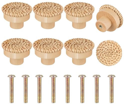 Luckwaii Schrankgriffe Holz 8 Stück Rattan Möbelknöpfe Schrankknöpfe, Runde Holzknöpfe Schrank mit Schrauben, Vintage Schubladenschrank Holz Griffe Knöpfe für Schränke Möbel Schubladen (40 * 30mm)