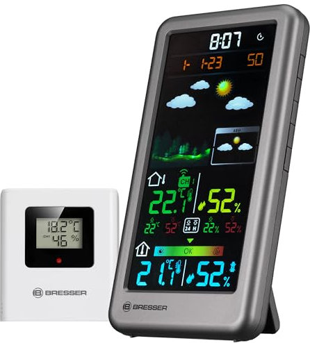Bresser Stazione Meteo Wireless Neomeo V Argento, Display a Colori, Previsioni 24/48h, Temperatura/Umidità, Sensore Esterno, Allarme di Temperatura