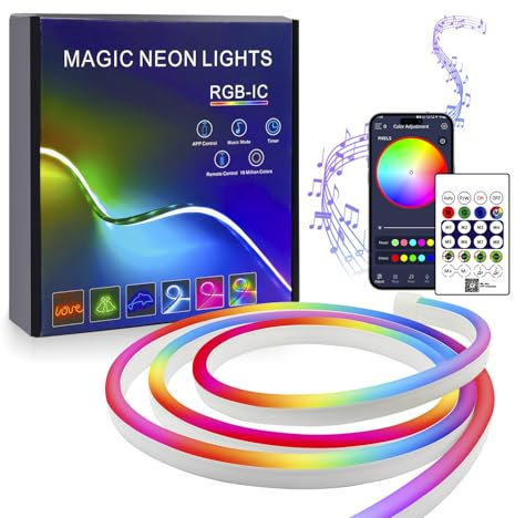 FWoche Ruban LED Néon RGB IC, 2m Bande LED USB IP67 étanche avec APP Bluetooth et télécommande IR, Synchronisation Musicale, bande lumineuse en silicone flexible, couleur magique pour salon, chambre