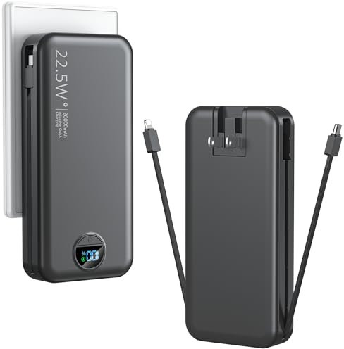 Cargador portátil con enchufe de pared, cargador USB C de 20000 mAh, carga rápida, batería externa con cables integrados, pantalla digital, 5 salidas y 2 entradas para iPhone, Android, teléfono