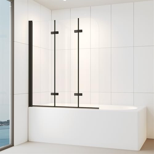IMPTS 140x140 CM Badewannenaufsatz Duschabtrennung 3-teilig Schwarz Duschwand faltbar 180° Faltwand für Badewanne 6mm ESG-Sicherheitsglas mit NANO-Beschichtung
