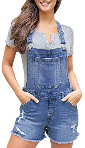 Sovoyontee Latzhose Damen Kurz Retro Denim Overalls Jeanslatzhose Casual Verstellbare Träger Shorts Jumpsuit Hellblau M