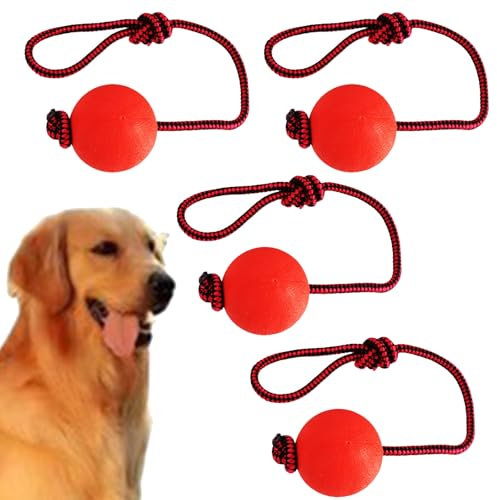 Yuelulala 4PCS Dog Rope Ball Dog Ball On a Rope, Durable Elastic Solid Rubber Balls Interactive Rubber Ball Chew Toys for Fetching, Throwing and Tugging, 6.5 x 33 cm Red (A72-4)
