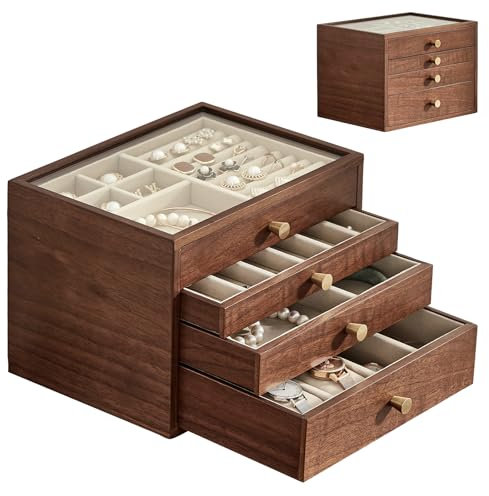 Baolivi Schmuckschatulle aus Holz Dauerhaft Schmuckbox Schmuckkästchen Groß Massivholz Schmuckkasten Holz mit Glasabdeckung 4 Schubladen Jewelry Organizer für Damen Schmuckaufbewahrung Handkette Ringe