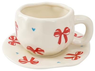 Koythin Ceramic Coffee Mug with Saucer Set, Cute Red Big Bow Cup Unique Irregular Design for Office and Home, 10 oz/300 ml for Latte Tea Milk