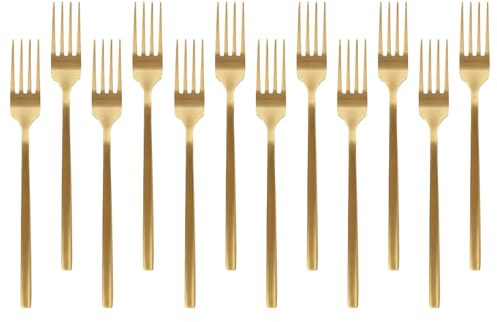 Argon Tableware 12 Stainless Steel Dinner Forks – 19.5cm Gold Finish Modern Cutlery Set for Dining & Entertaining – Stylish Dishwasher Safe Tableware