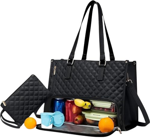 Borsa tote per il pranzo da donna, borsa tote 2 in 1 da 15,6 pollici, borsa per il pranzo, borsa grande con scomparto per il pranzo, borsa da lavoro per lavoro, ufficio (nero)