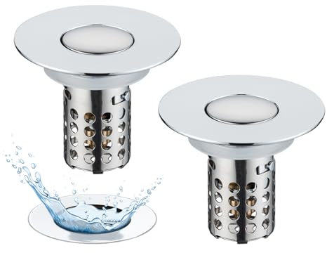 2 filtros de desagüe para Lavabo, tapón de desagüe 3 en 1 con colador y Cesta de Filtro extraíble de Acero Inoxidable, tapón para Lavabo de 28 a 58 mm, núcleo de Bola de latón Cromado