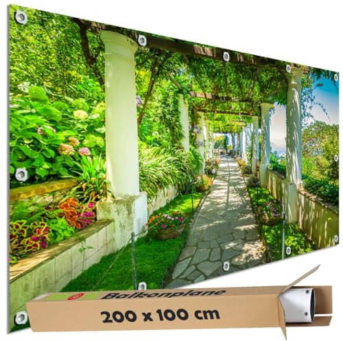 TRIOSK Sichtschutz Balkon Deko Plane Balkonblende Blickdicht mit Motiv Pergolaweg Capri Insel Italien für Garten Terrasse Gartenzaun Balkonverkleidung Blickschutz PVC groß 200x100 cm