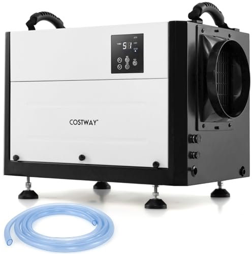 COSTWAY 50L/Day Commercial Dehumidifier, Industrial Compressor Dehumidifiers with Auto/Continuously Dry/Sleep Mode, 24H Timer, Auto Defrost, Memory Starting, LED Display & Drain Hose (White, 50L/Day)