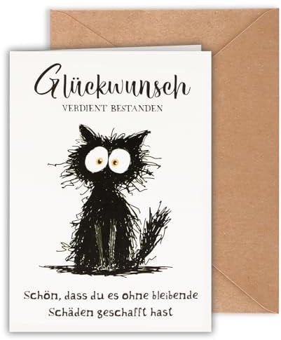 Giftota Prüfung Bestanden Grußkarte(inkl. Umschlag), Lustige Klappkarte mit Katzenmotiv, Geschenke zur Prüfung, Ausbildung, Führerschein bestanden, Schulabschluss, Bachelor