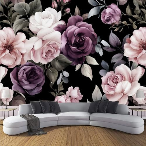 Carta Da Parati Murale Rosa Floreale Fotografica 3D, Per Camera Da Letto, Soggiorno, Decorazione Domestica, 350Lx256A cm Murale Vintage Elegante Decorazione Poster Da Parete, Rosa viola scuro