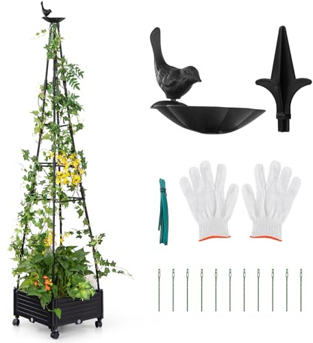 COSTWAY Rankhilfe mit Blumenkasten auf Rollen, Garten Obelisk aus beschichtetes Metall & PP, Rankgitter mit Pflanzkasten & Selbstbewässerung, Tomatenturm für Kletterpflanzen Blumen Tomaten