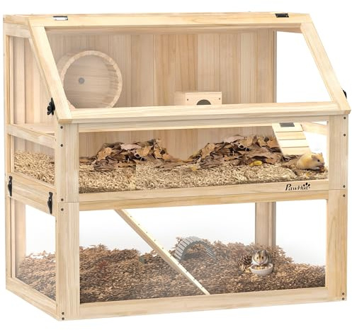 PawHut Cage Hamster en Bois, Cage Rongeur à 3 Niveaux, Base Amovible pour Un Nettoyage Facile, Couvercle ouvrable, cabane, balançoire, Roue d'exercice et rampes, 80 x 50 x 76 cm, Bois Naturel