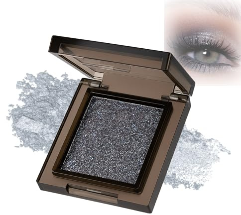 Grey Shimmer Eyeshadow Single, Charcoal Grey and Silver, 1 Compact Case | Rectangular pan, tinted hinged lid and front clasp, for evening eye make-up, smoky looks and a sparkling eyelid accent