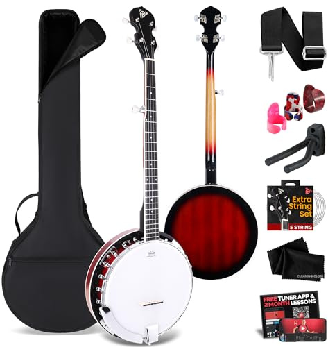 Pyle Resonator-Banjo mit 5 Saiten, volle Größe 24 Halterung, 5. Stimmgerät, professionelles Instrument mit Remo Drum und Hartholzrückseite, komplettes Anfänger-Starter-Set, Gigbag, Stimmgerät, Saiten