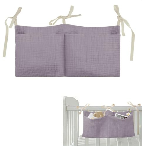 Aufbewahrungstasche für Bett,Babybett Organizer Hängend,Baby Kinderzimmer Organizer mit 2 Tasche,Weich und Atmungsaktiv zum Aufhängen für Windeln Kleidung Spielzeug Bett Organizer Kinderbett,Violett