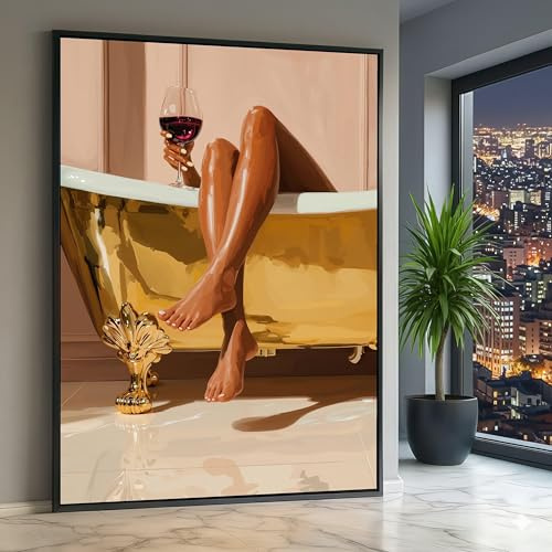 YUSUZHU Goldene Badewanne auf Füßen, Leinwanddruck, Weinglas-Badezimmer, elegante Wohndekoration, Leinwandbild, Wanddekoration (40x60cm/Rahmenlos)
