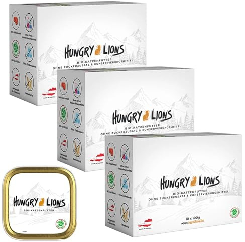 Hungry Lions Bio Katzenfutter nass – Katzenfutter nass ohne Zucker und Getreide – Katzenfutter mit hohem Fleischanteil von 94% – Natürliches Katzenfutter - Hergestellt in Österreich (30x100g)