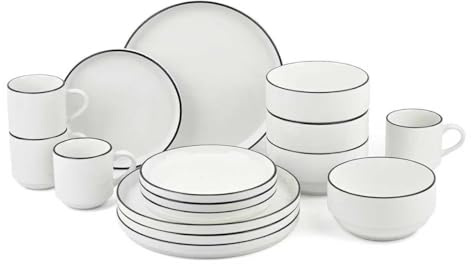 LEOM 16-Piece Porcelain Dinner Set with Black Rim, Tableware Crockery Set, Chip Resistant Plates Bowls and Mugs Set Modern Round Dinnerware Sets, Dishwasher & Microwave Safe, Ivory White Dishes