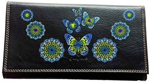 Syl'la Compagnon Porte Chequier Portefeuille Porte Carte Porte Monnaie Noir en Simili Cuir Papillon Bleu Vert