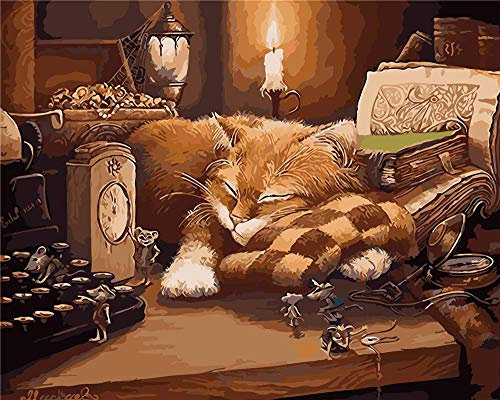 YEESAM ART Neuerscheinungen Malen nach Zahlen für Erwachsene Kinder - Cat Maus Katze Mouse 16 * 20 Zoll Leinen Segeltuch - DIY ölgemälde ölfarben Weihnachten Geschenke (Mit Rahmen)
