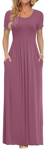 AUSELILY Maxi Abito per Donna Estate Casual Vestito a Maniche Corte per Gonna Lunga con Tasche Fucsia L