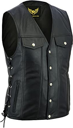 Leatherick Gilet de motard en cuir véritable unisexe de style denim avec lacets latéraux et boutons chromés - Noir - (XL)