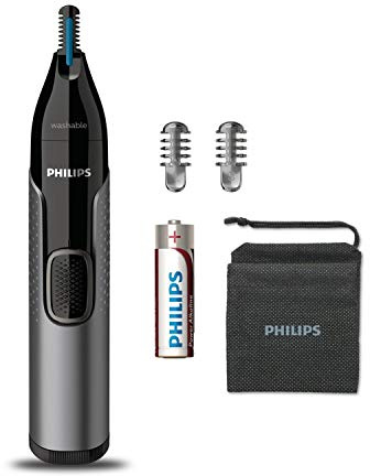 PHILIPS Tondeuse de nez Nt3650/16, sans fil, tondeuse de nez, oreilles et sourcils avec système de protection, entièrement lavable, avec batterie Aa, 2 peignes à sourcils, pochette (gris), unisexe