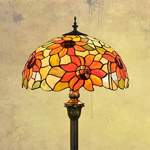 Tiffany Style Stehleuchte für Wohnzimmer, W16 H64, 2 E27, Vintage Stehleuchte, orange Buntglas Sonnenblume Lampenschirm, hohes Polenlicht für Liebhaber Schlafzimmer, 220V