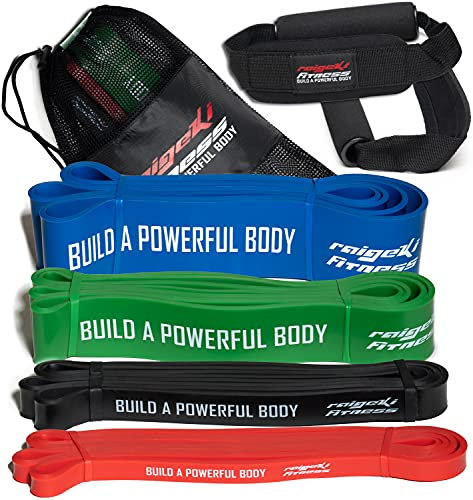 Raigeki Fitness Widerstandsbänder Gummibänder (+Trainingspläne) [Einzeln und Set] Lang Resistance Bands Fitnessbänder für Kraftsport - Fitnessband Terrabänder Gymnastikbänder (4er Set (6-82kg))