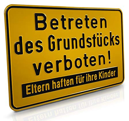 Betriebsausstattung24 Hinweisschild „Betreten des Grundstücks verboten! Eltern haften für ihre Kinder“ - 30,0 x 20,0 cm - Aluminium geprägt - gelb - zur Grundbesitzkennzeichnung