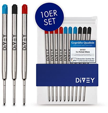 DIVEY Kugelschreiberminen für das G2-Format - hochwertige Großraumminen im 10er Pack - Ersatzminen - Kugelschreiber Minen - Kuliminen - Kugelschreiber Patrone - Rot, Schwarz & Blau
