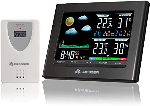 Bresser 7007330 Wetterstation Funk mit Außensensor Neomeo mit Wettervorhersage, Luftqualitätsindikator, Wecker und Außensensor für Temperatur und Luftfeuchtigkeit, Schwarz