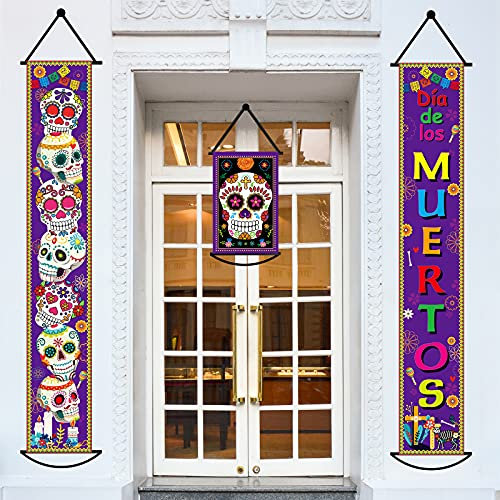 Set mit 3 Stück Tag der Toten Dekorationen Banner mexikanische Party Dia de Los Muertos Dekorationen Veranda Schild Schädel hängende Flagge Fiesta Dekoration für Innen und Außen