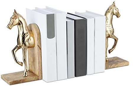 Relaxdays Buchstützen 2er Set, dekorativ, Pferde Figuren, f. Bücherregal, edles Design, HxBxT: 26,5x9x13 cm, Natur/Gold