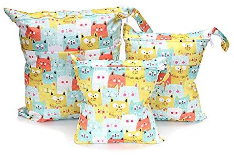 Treer 3 Stück Windeltasche für Unterweg, Schön Muster Stoffwindeln Nasstaschen Baby Wetbag mit Reißverschluss Wiederverwendbar Wasserdicht Waschbar Kleinkind Windeln Organizer Beutel (Katze)