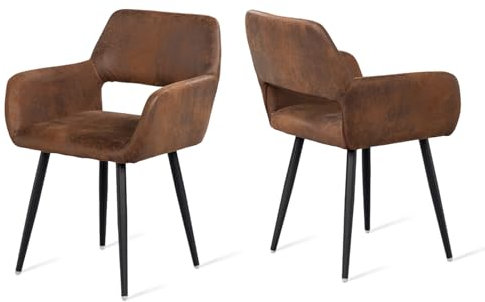 MEUBLE COSY Esszimmerstühle 2er Set Küchenstuhl Polsterstuhl mit Armlehne Sessel Wildledersitz Wohnzimmerstuhl Metallbeine, Braun Vintage, 56x56x78cm