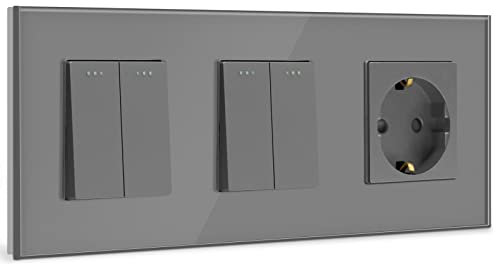 BSEED Doble Interruptor de pared con Enchufe,2 Gang 1 Vía interruptor pared+16A Schuko Enchufe,10A Gris Interruptor de luz de botón pulsador con marco de cristal,Enchufes de pared para Cocina