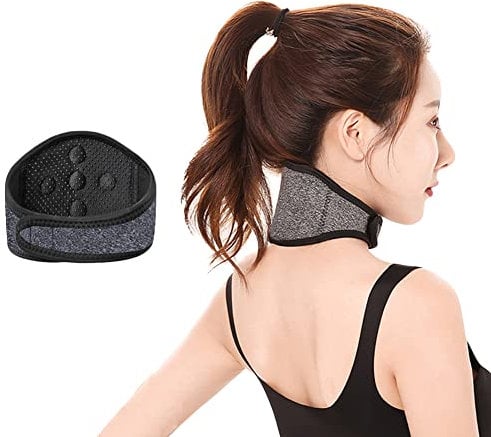 Qchomee Self Heating Neck Brace Support Magnets Neck Wrap Treating Neck Injury Medical Grade Cervical Collar Strap Soft Adjustable Neck Brace Support for Stiff Neck Grey