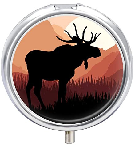 Black Silhouette Moose in Mountains Sun Wild Landscape Custom Round Pill Case, Portable Small Pill Case, Durable Pill Box, Button Closure Pill Holder for Man Woman Travel Storage