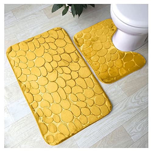 FAIRWAYUK 2 Piece Memory Foam Bath Mat Pedestal Set Non Slip, Super Soft Water Absorbent Toilet Bathroom Rug Sets, Microfibre Large Bathmat (Ochre)