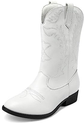 DREAM PAIRS Stivali da cowboy western per bambini, a metà polpaccio, scarpe da equitazione per bambini piccoli e grandi, bianco, 32 EU