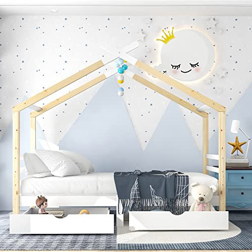 INMOZATA Kinderbett Hausbett 90 x 200 cm Hausbett Kinder Kinderbett mit 2 Schubladen Hausbett Holz für Mädchen & Jungen Bodenbett Kinder mit Lattenrost Kids Bed Weiß
